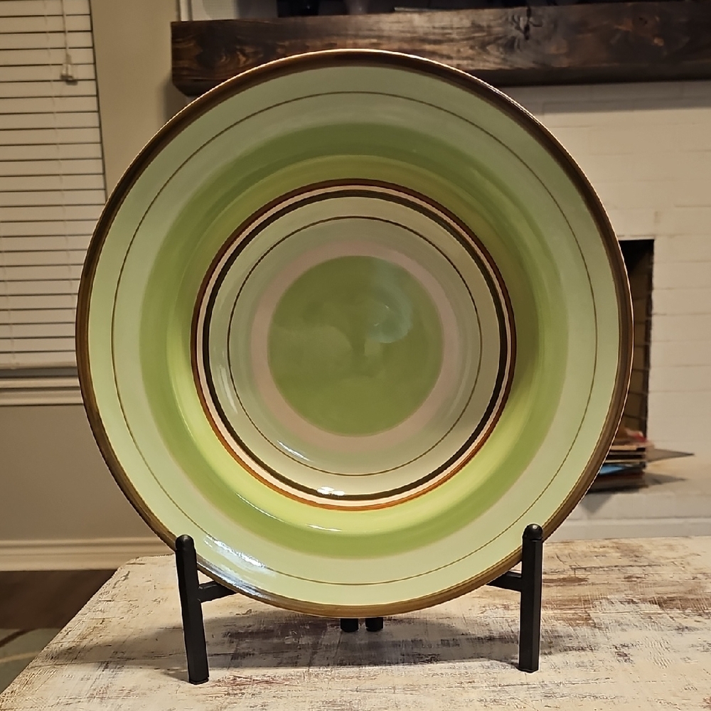 💚 Over and Back Large Pasta Serving Bowl Green Brown Stripes 13.5"